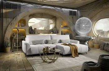 Modernes Wohnlandschaft-Sofa im hellen Loft mit Rundfenstern und Dekolicht.